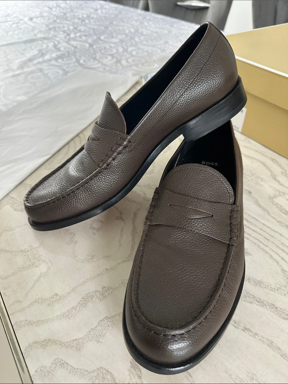 BOSS Men's Dark Brown Pebbled Leather Slip-On Loafers